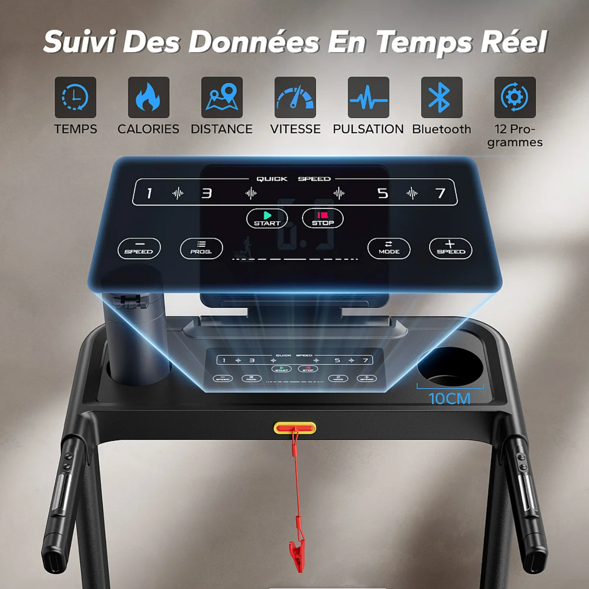 Tapis de Course Connecté Pliable avec 3 niveaux d’inclinaison, Vitesse Réglable de 0,8 à 12 km/h, Écran LED
